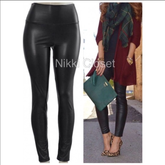 Black Faux Leather High Waist Leggings Tummy Control Pants S-XL - Picture 2 of 5